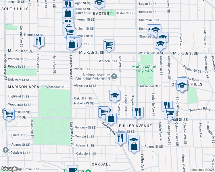 map of restaurants, bars, coffee shops, grocery stores, and more near 1010 Alexander Street Southeast in Grand Rapids
