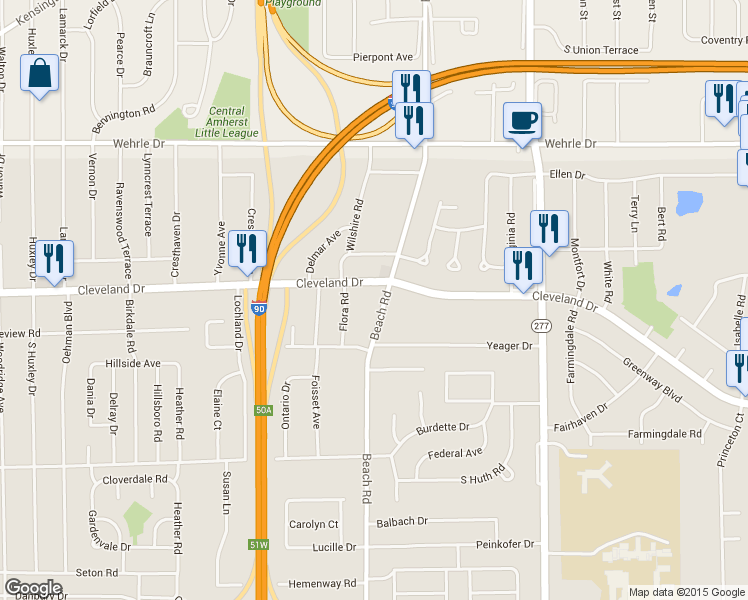 map of restaurants, bars, coffee shops, grocery stores, and more near 1015 Cleveland Drive in Buffalo
