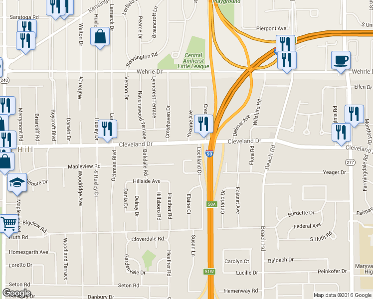 map of restaurants, bars, coffee shops, grocery stores, and more near 855 Cleveland Drive in Buffalo