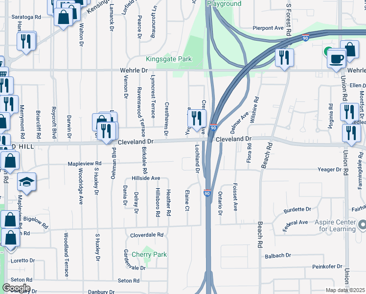 map of restaurants, bars, coffee shops, grocery stores, and more near 855 Cleveland Drive in Buffalo