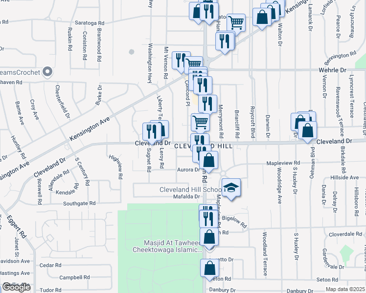 map of restaurants, bars, coffee shops, grocery stores, and more near 6 Concord Drive in Buffalo