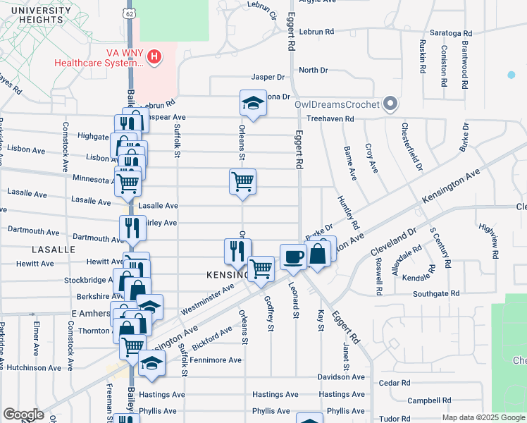 map of restaurants, bars, coffee shops, grocery stores, and more near 718 Lasalle Avenue in Buffalo