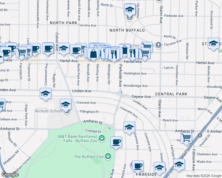 map of restaurants, bars, coffee shops, grocery stores, and more near 552 Parkside Avenue in Buffalo