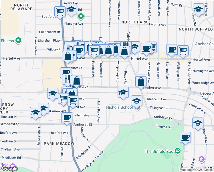 map of restaurants, bars, coffee shops, grocery stores, and more near 9 Traymore Street in Buffalo