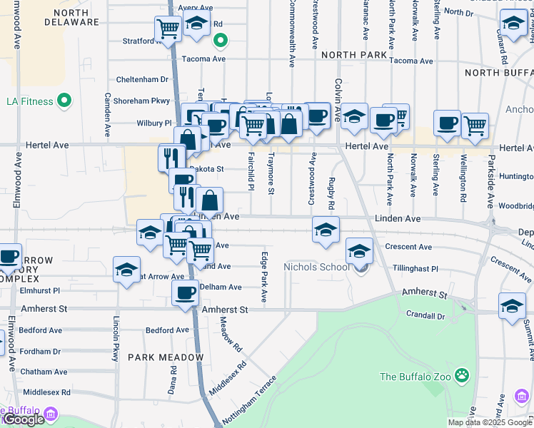 map of restaurants, bars, coffee shops, grocery stores, and more near 15 Fairchild Place in Buffalo