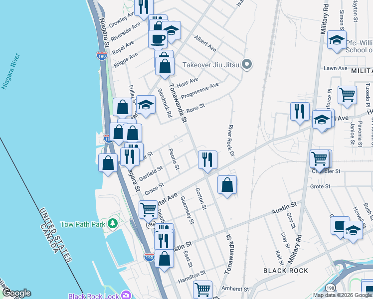map of restaurants, bars, coffee shops, grocery stores, and more near 592 Tonawanda Street in Buffalo