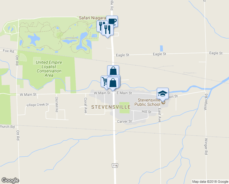 map of restaurants, bars, coffee shops, grocery stores, and more near 2568 Stevensville Road in Fort Erie