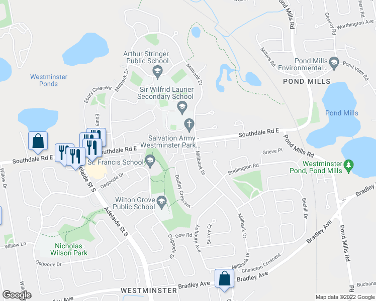 map of restaurants, bars, coffee shops, grocery stores, and more near 590 Millbank Drive in London