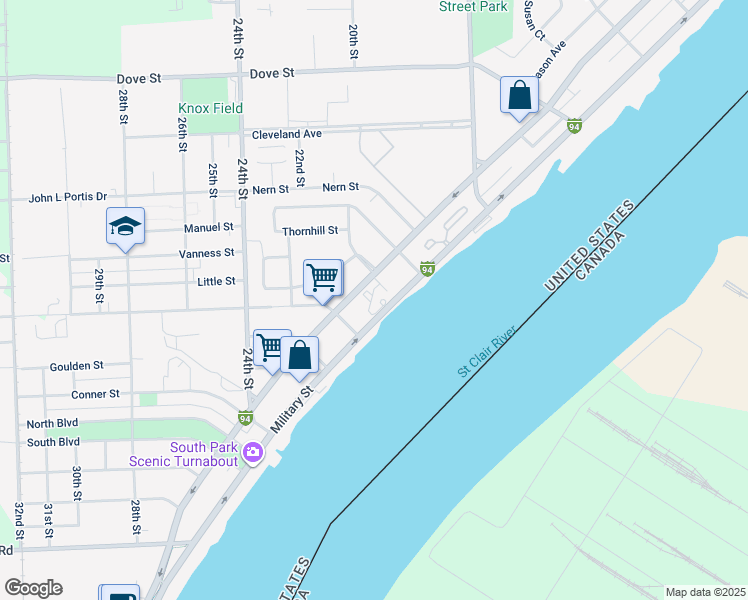 map of restaurants, bars, coffee shops, grocery stores, and more near 3345 Military Street in Port Huron