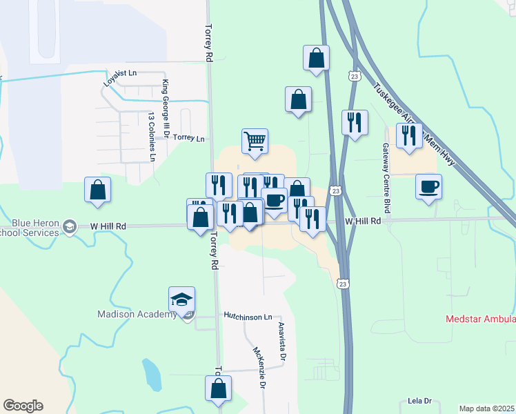 map of restaurants, bars, coffee shops, grocery stores, and more near 2444 West Hill Road in Flint
