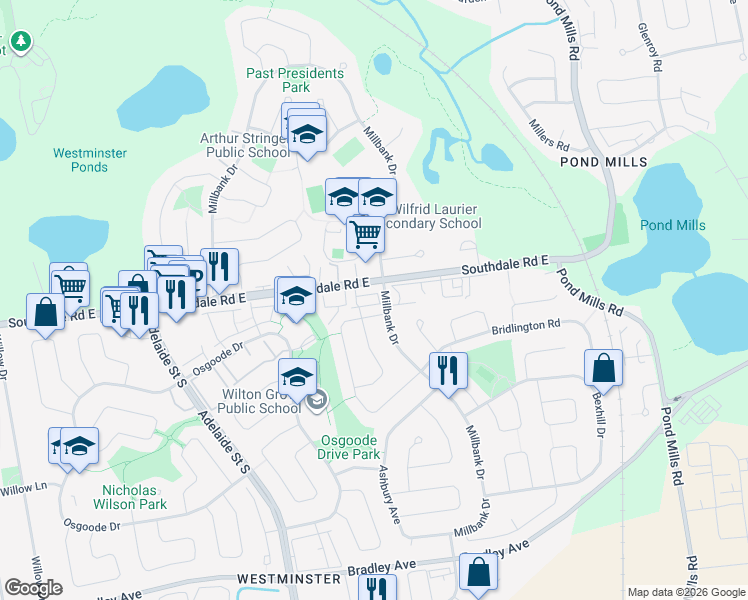 map of restaurants, bars, coffee shops, grocery stores, and more near 590 Millbank Drive in London