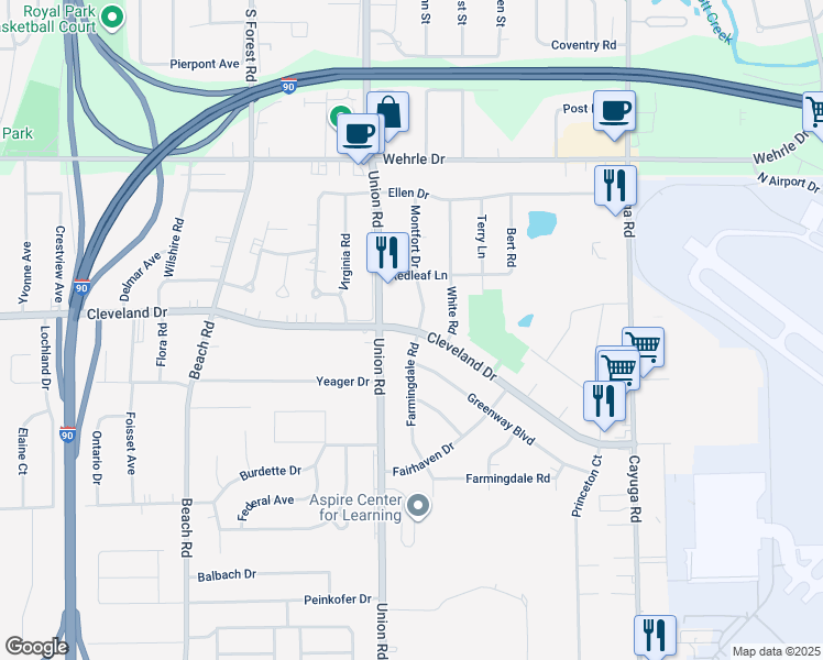 map of restaurants, bars, coffee shops, grocery stores, and more near 1250 Cleveland Drive in Buffalo