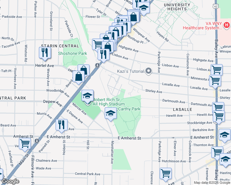 map of restaurants, bars, coffee shops, grocery stores, and more near 59 Lasalle Avenue in Buffalo