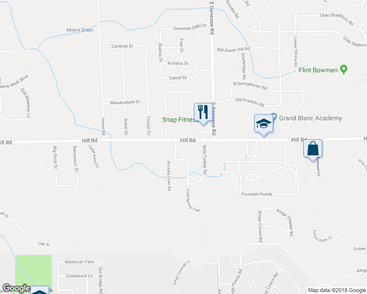map of restaurants, bars, coffee shops, grocery stores, and more near 4444 East Hill Road in Grand Blanc