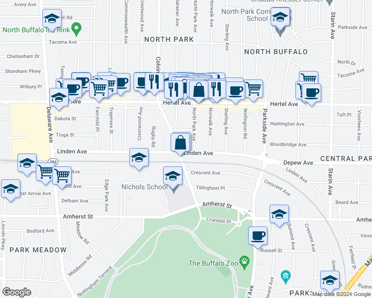 map of restaurants, bars, coffee shops, grocery stores, and more near 369 Linden Avenue in Buffalo