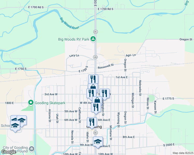 map of restaurants, bars, coffee shops, grocery stores, and more near 112 Main Street in Gooding