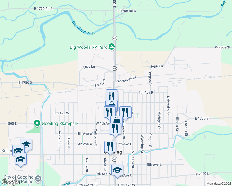 map of restaurants, bars, coffee shops, grocery stores, and more near 112 Main Street in Gooding