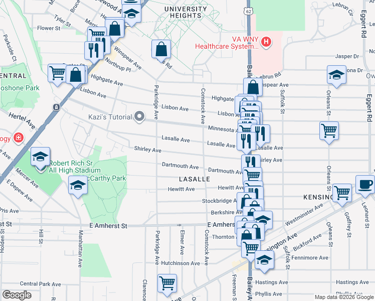 map of restaurants, bars, coffee shops, grocery stores, and more near 130 Shirley Avenue in Buffalo