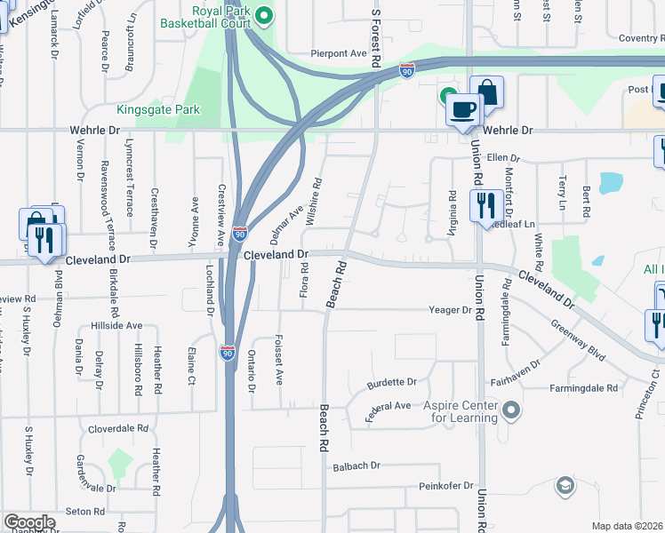map of restaurants, bars, coffee shops, grocery stores, and more near 1015 Cleveland Drive in Buffalo