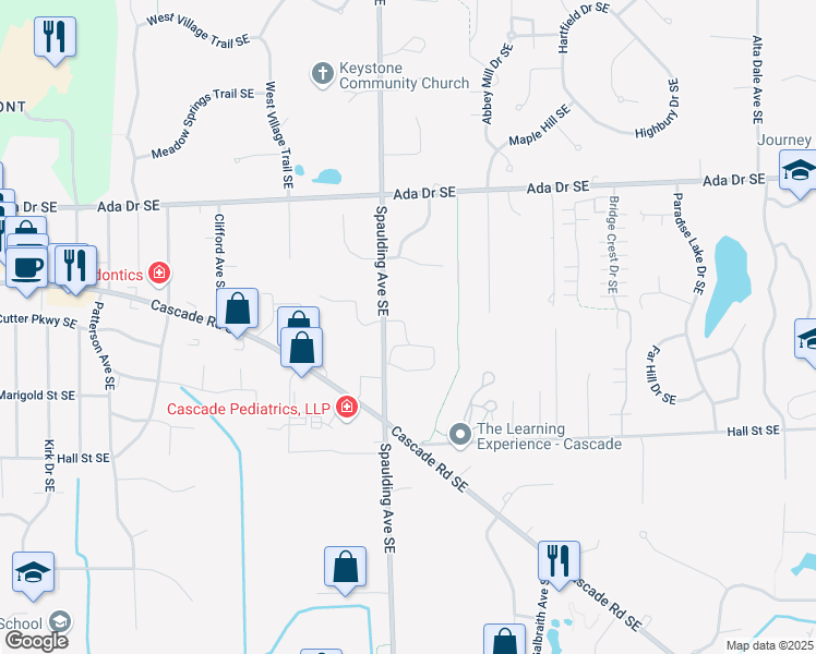 map of restaurants, bars, coffee shops, grocery stores, and more near 5213 Knoll Pond Drive Southeast in Grand Rapids