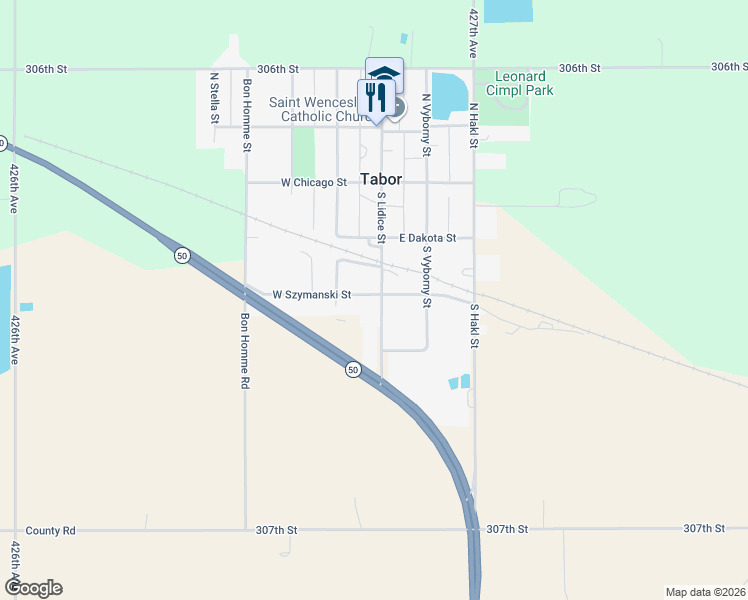 map of restaurants, bars, coffee shops, grocery stores, and more near 109 West Szymanski Street in Tabor