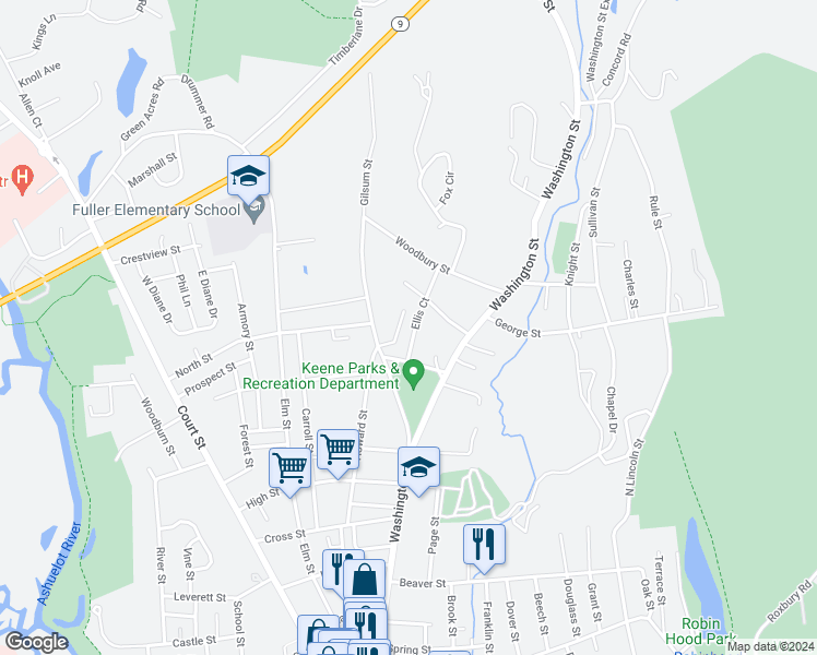 map of restaurants, bars, coffee shops, grocery stores, and more near 48 Ellis Court in Keene