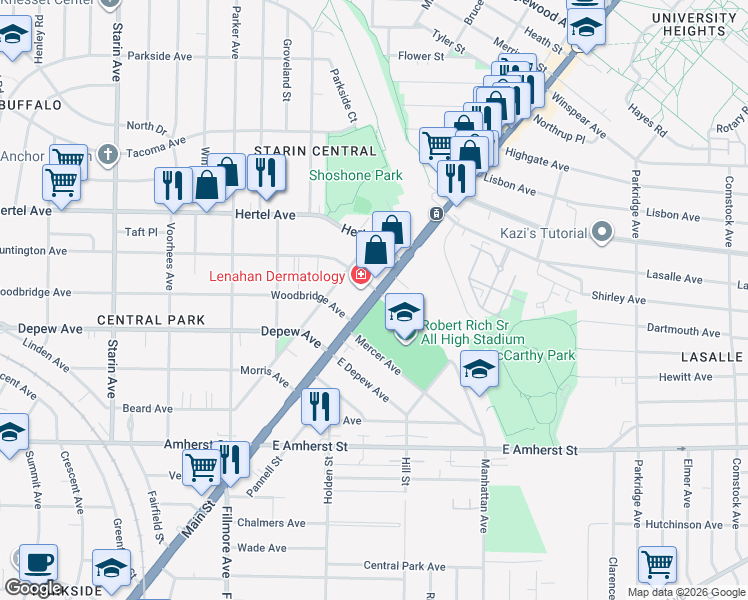 map of restaurants, bars, coffee shops, grocery stores, and more near 2910 Main Street in Buffalo