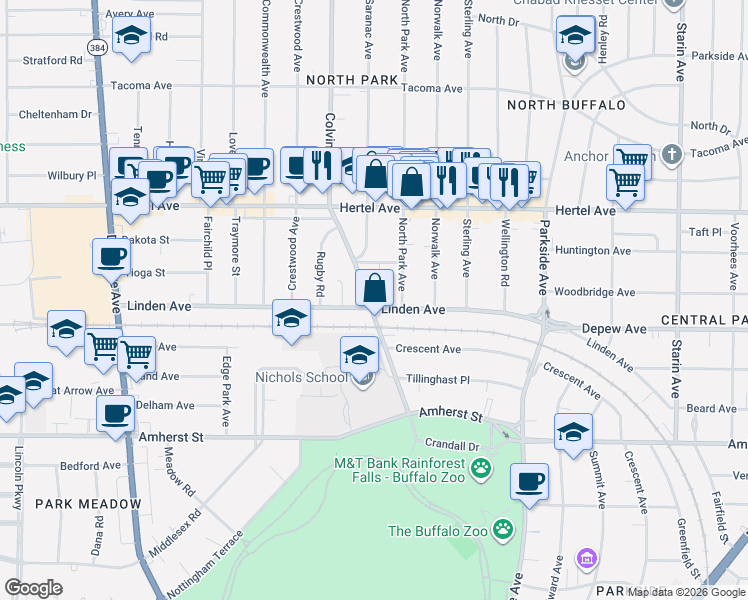 map of restaurants, bars, coffee shops, grocery stores, and more near 1 Saint Margarets Court in Buffalo