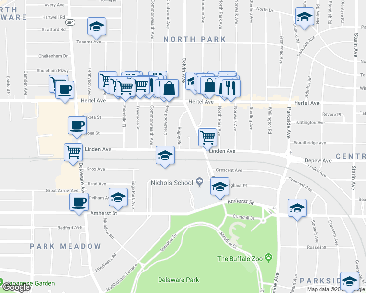 map of restaurants, bars, coffee shops, grocery stores, and more near 14 Rugby Road in Buffalo