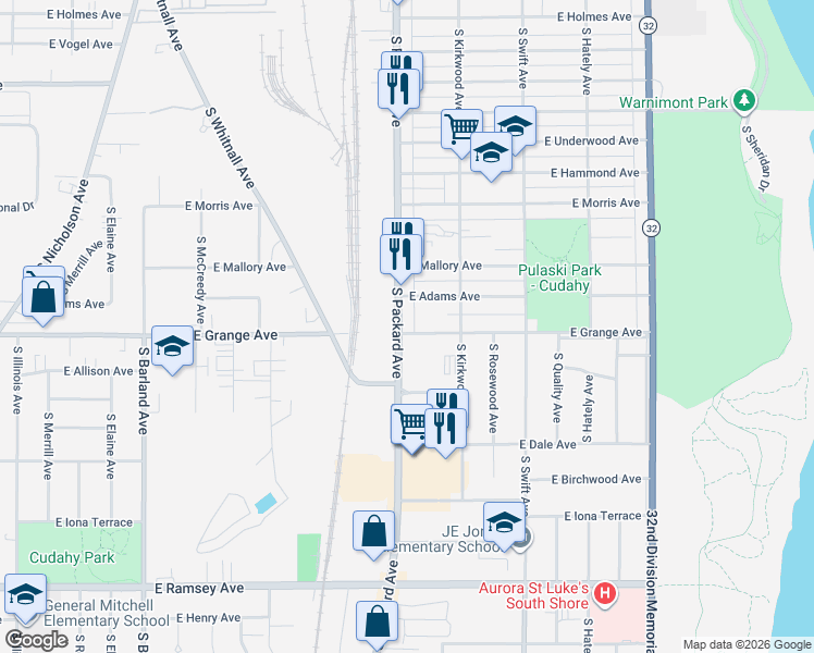 map of restaurants, bars, coffee shops, grocery stores, and more near 5470 South Packard Avenue in Cudahy