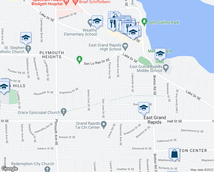 map of restaurants, bars, coffee shops, grocery stores, and more near 963 Floral Avenue Southeast in Grand Rapids