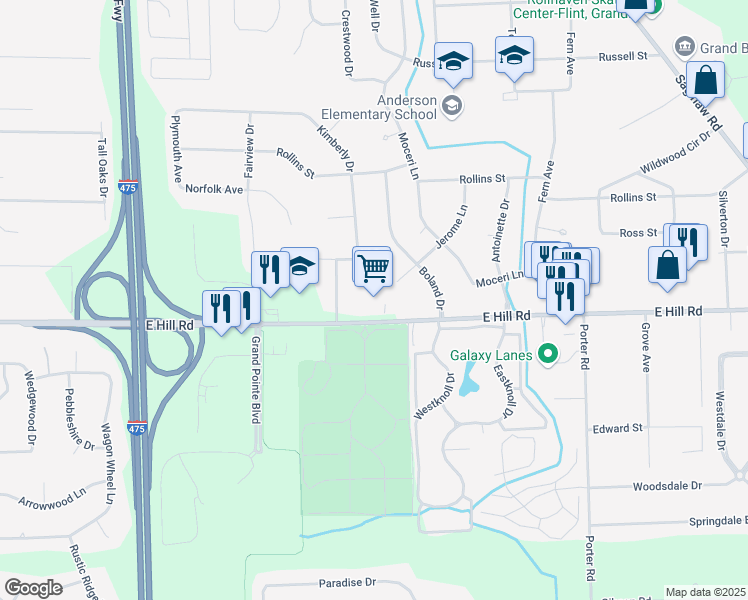 map of restaurants, bars, coffee shops, grocery stores, and more near 1553 Hill Road in Grand Blanc