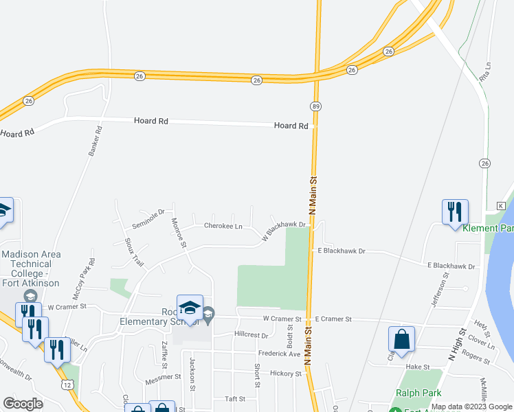 map of restaurants, bars, coffee shops, grocery stores, and more near 1212 Shawnee Street in Fort Atkinson