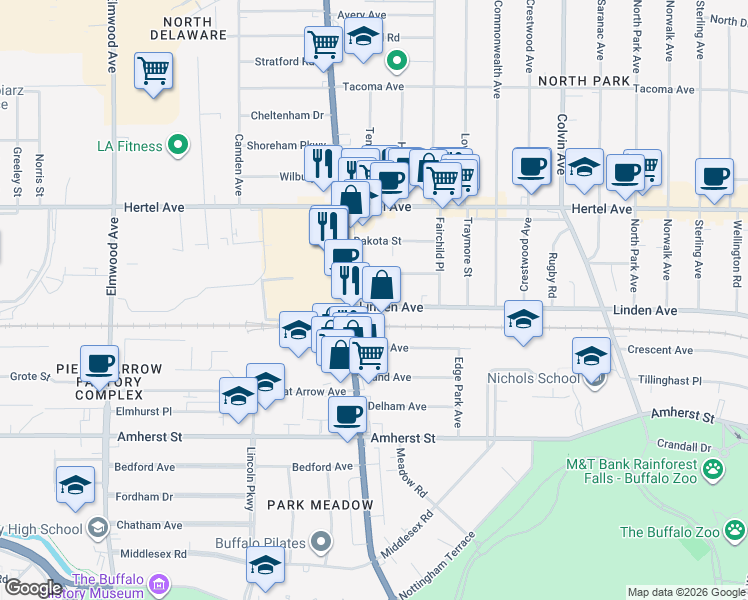 map of restaurants, bars, coffee shops, grocery stores, and more near 649 Linden Avenue in Buffalo