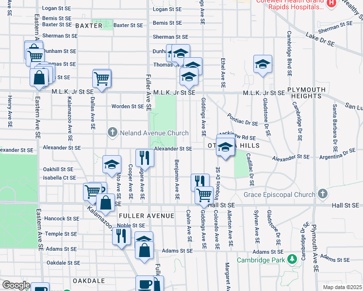 map of restaurants, bars, coffee shops, grocery stores, and more near 1309 Alexander Street Southeast in Grand Rapids