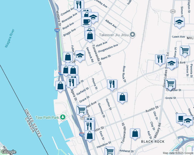 map of restaurants, bars, coffee shops, grocery stores, and more near 61 Peoria Street in Buffalo