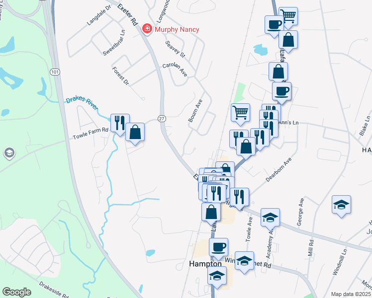 map of restaurants, bars, coffee shops, grocery stores, and more near 1A Josephine Drive in Hampton