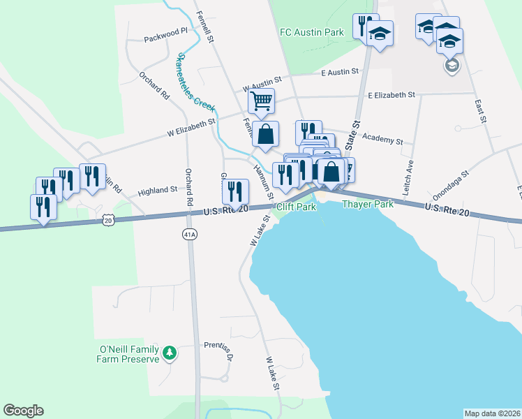 map of restaurants, bars, coffee shops, grocery stores, and more near 38 West Genesee Street in Skaneateles