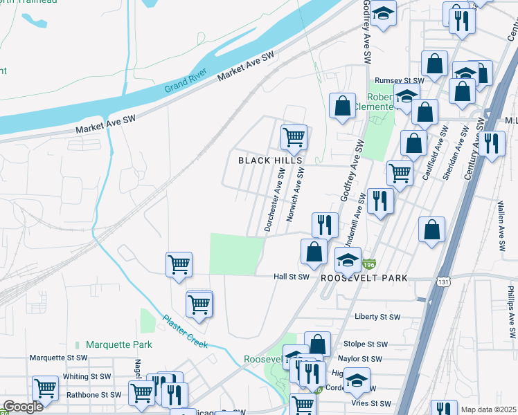 map of restaurants, bars, coffee shops, grocery stores, and more near 1012 Kensington Avenue Southwest in Grand Rapids