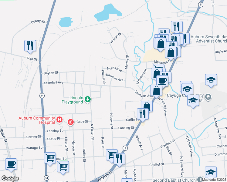 map of restaurants, bars, coffee shops, grocery stores, and more near 128 N Lewis St in Auburn
