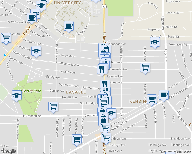 map of restaurants, bars, coffee shops, grocery stores, and more near 413 Lasalle Avenue in Buffalo