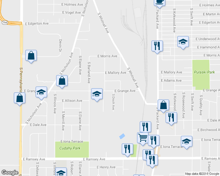map of restaurants, bars, coffee shops, grocery stores, and more near 3318 East Grange Avenue in Cudahy