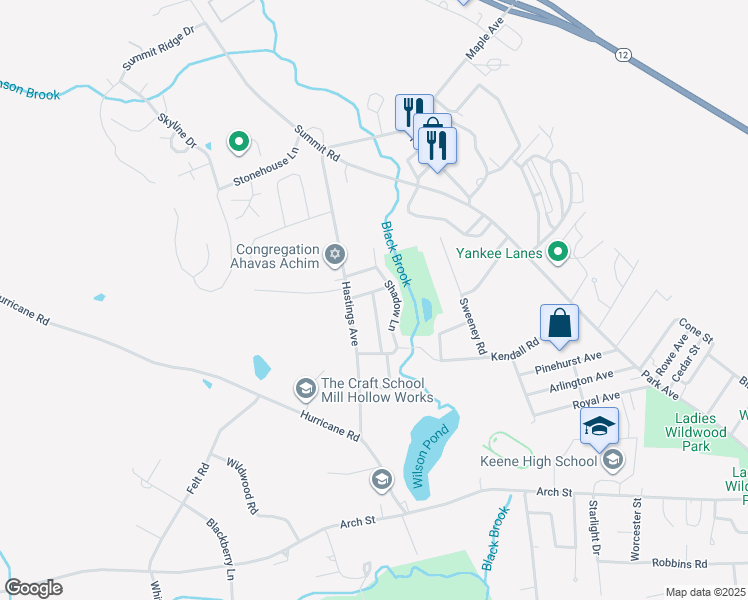 map of restaurants, bars, coffee shops, grocery stores, and more near 5 Westlund Avenue in Keene