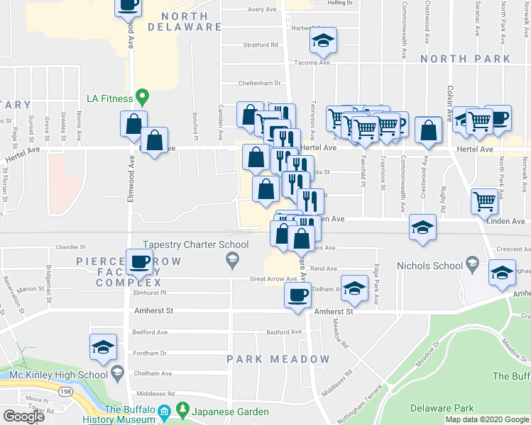 map of restaurants, bars, coffee shops, grocery stores, and more near 2234 Delaware Avenue in Buffalo