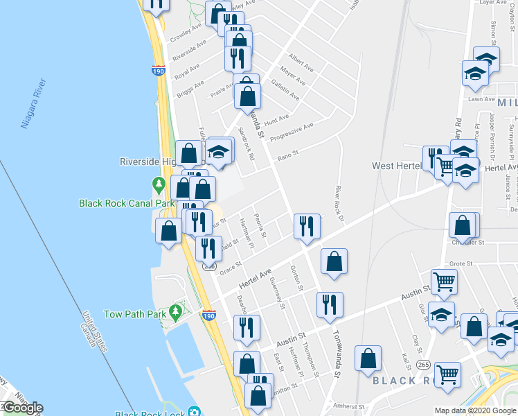 map of restaurants, bars, coffee shops, grocery stores, and more near 61 Peoria Street in Buffalo