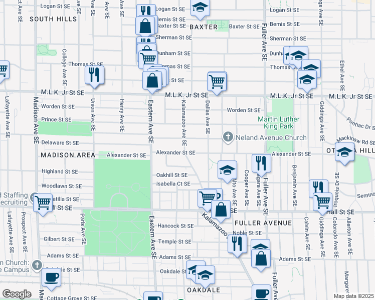map of restaurants, bars, coffee shops, grocery stores, and more near 956 Kalamazoo Avenue Southeast in Grand Rapids