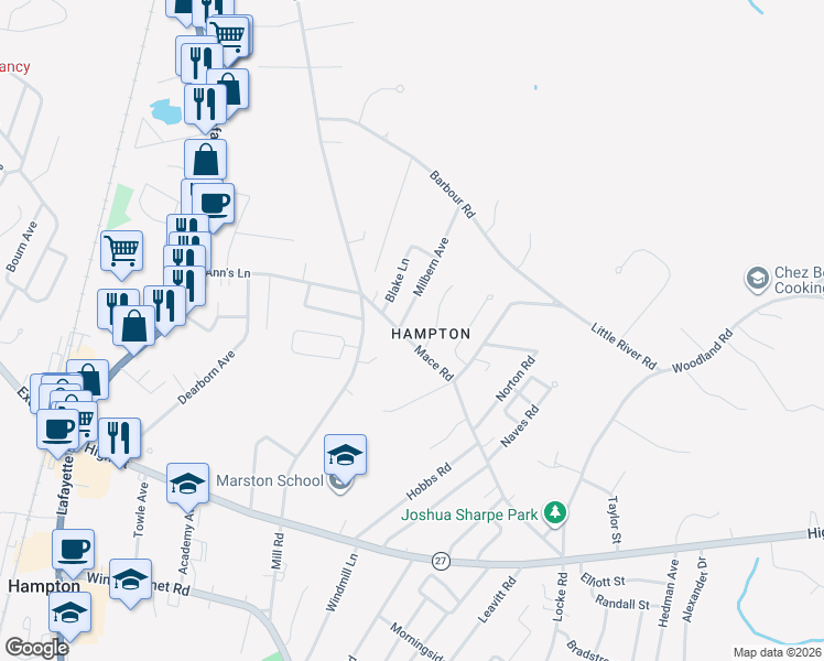 map of restaurants, bars, coffee shops, grocery stores, and more near in Hampton