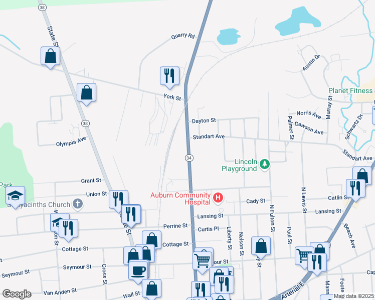 map of restaurants, bars, coffee shops, grocery stores, and more near 197-199 North Street in Auburn
