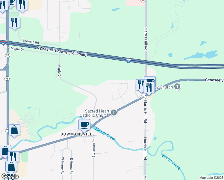 map of restaurants, bars, coffee shops, grocery stores, and more near 5352 Genesee Street in Bowmansville
