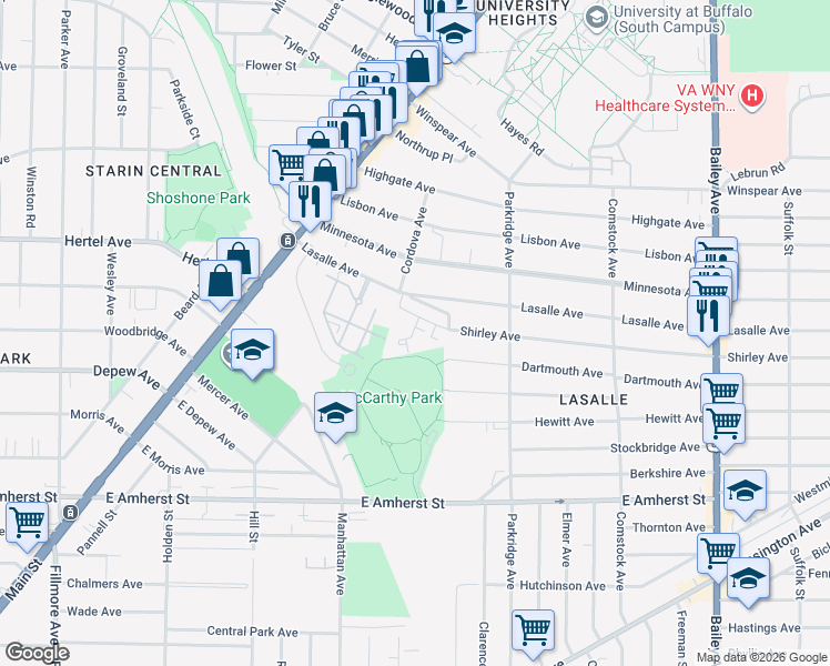 map of restaurants, bars, coffee shops, grocery stores, and more near 70 Camelot Court in Buffalo